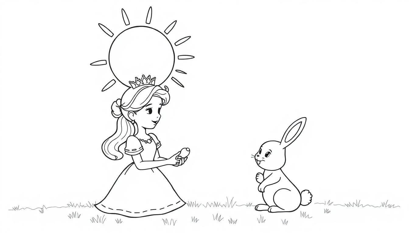 Zwart-witte kleurplaat van een prinses met een konijn.