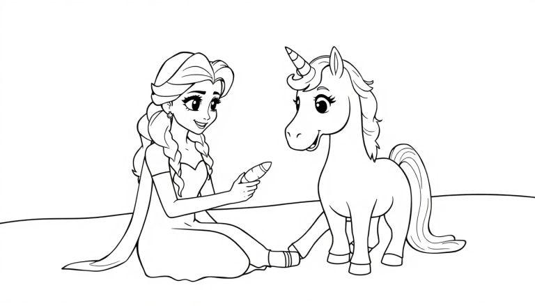 Kleurplaat van Elsa met een eenhoorn.