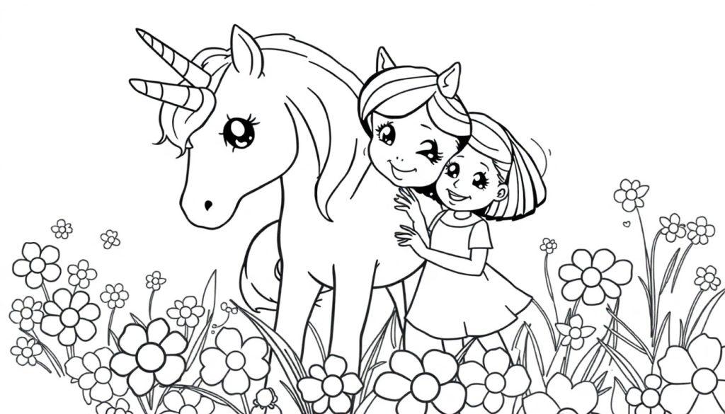 Kleurplaat van Elza die een eenhoorn knuffelt tussen bloemen.