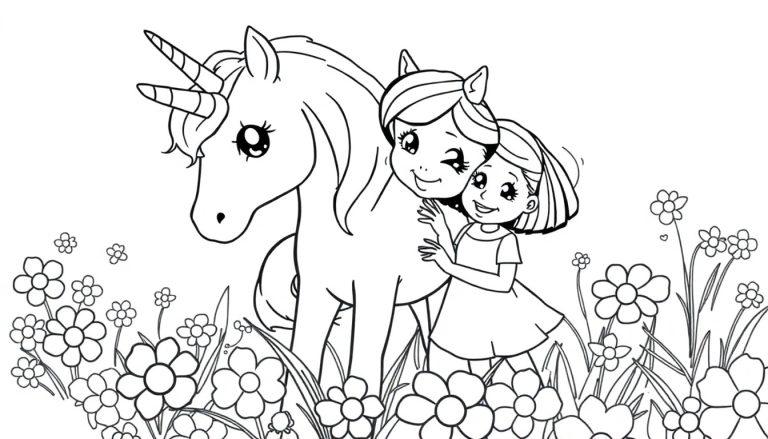 Kleurplaat van Elza die een eenhoorn knuffelt tussen bloemen.