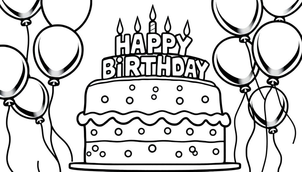 Kleurplaat van een verjaardagstaart met drie lagen en kaarsen, omringd door ballonnen.