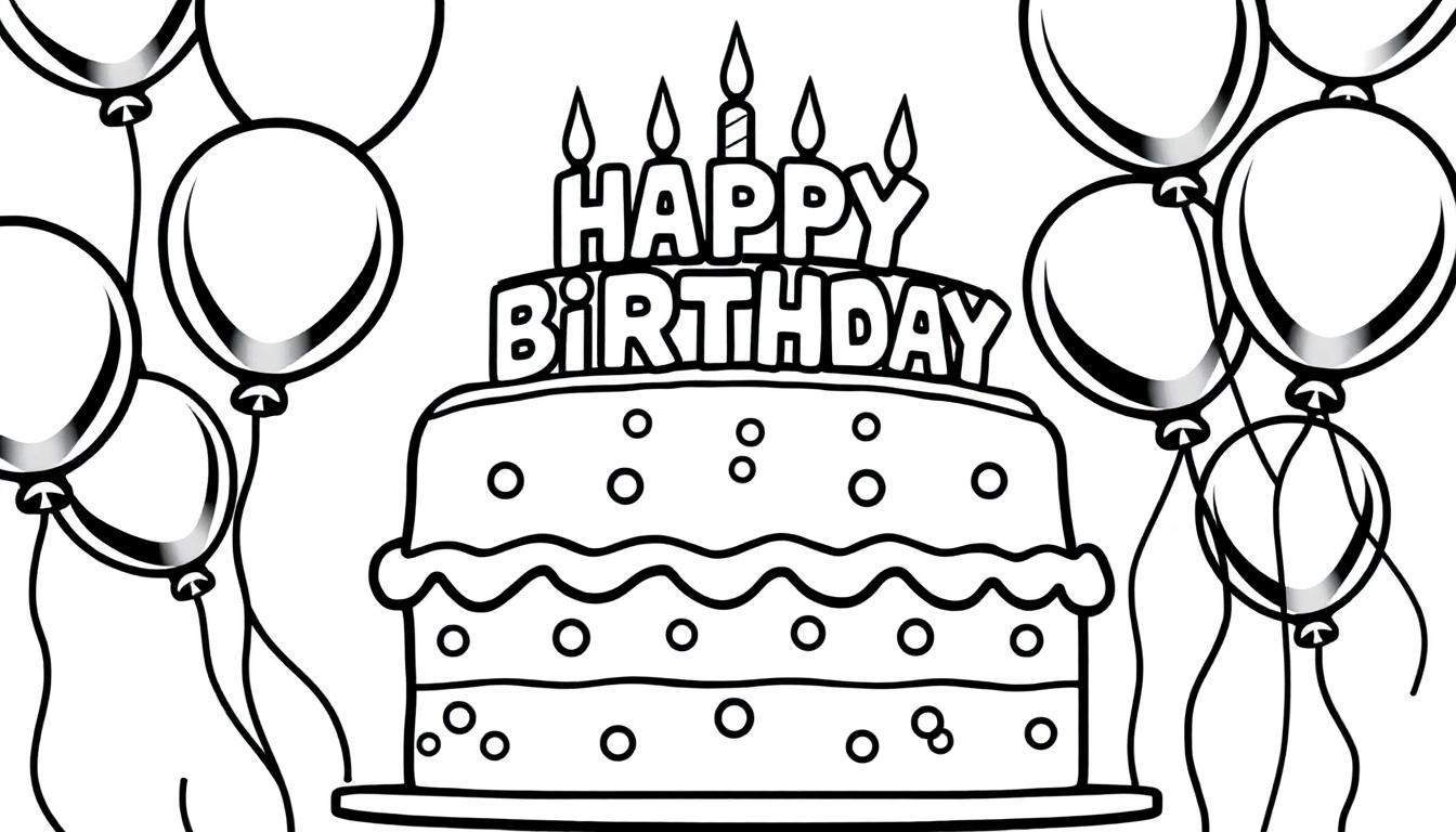 Kleurplaat van een verjaardagstaart met drie lagen en kaarsen, omringd door ballonnen.