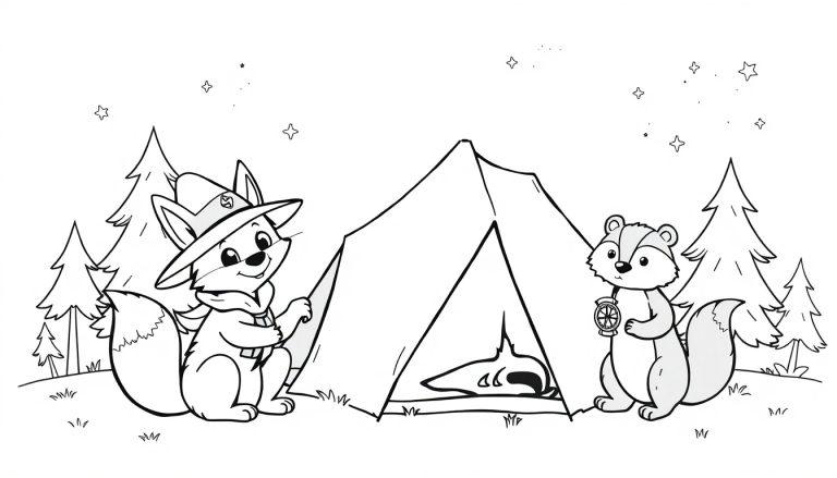 Zwart-wit kleurplaat van een kampeertafereel met een vos, eekhoorn en wasbeer.