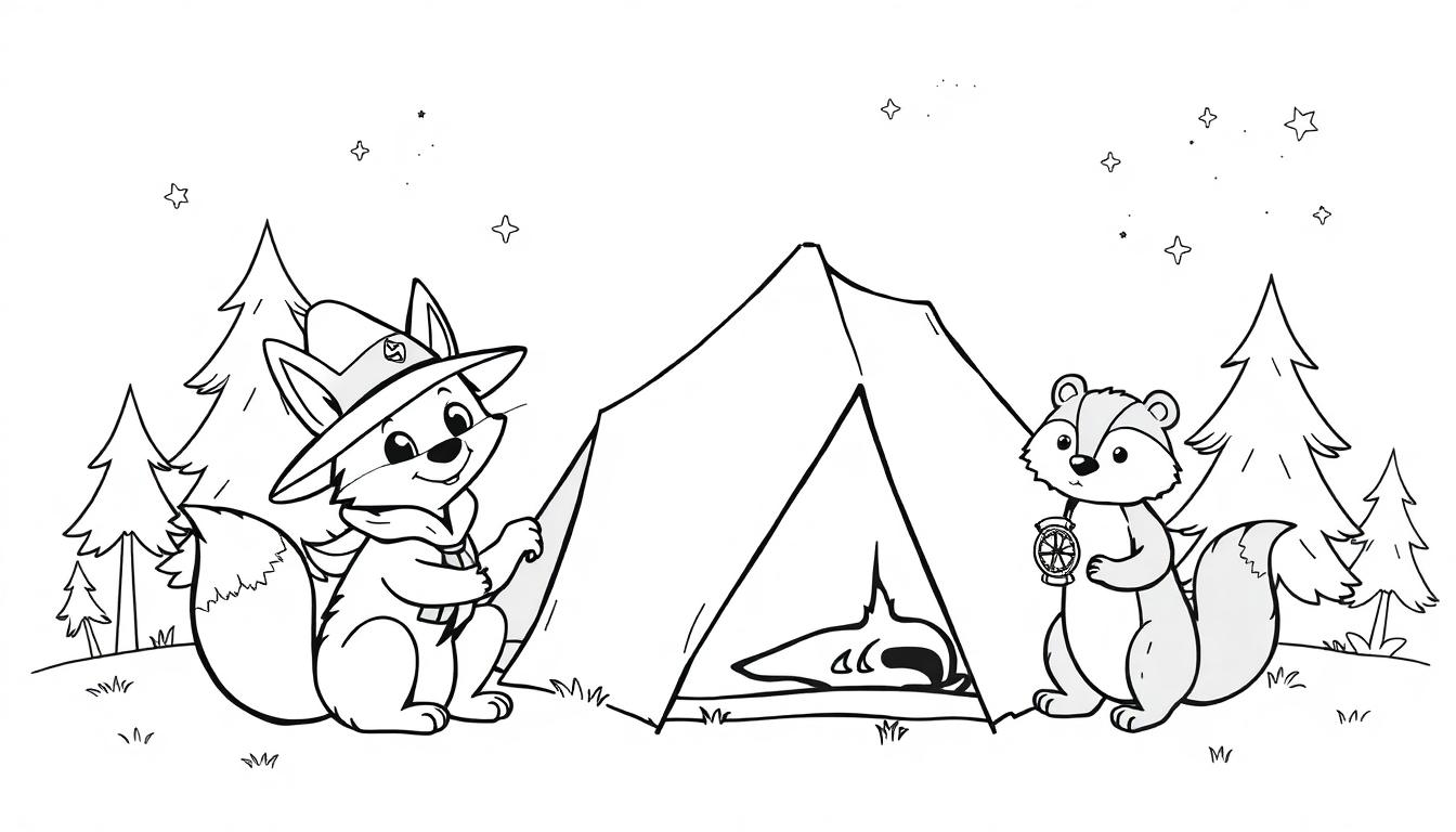 Zwart-wit kleurplaat van een kampeertafereel met een vos, eekhoorn en wasbeer.