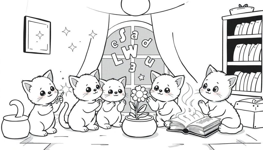 Zwart-wit kleurplaat van vijf kittens die toveren in een gezellige kamer, met een bewolkte lucht op de achtergrond.