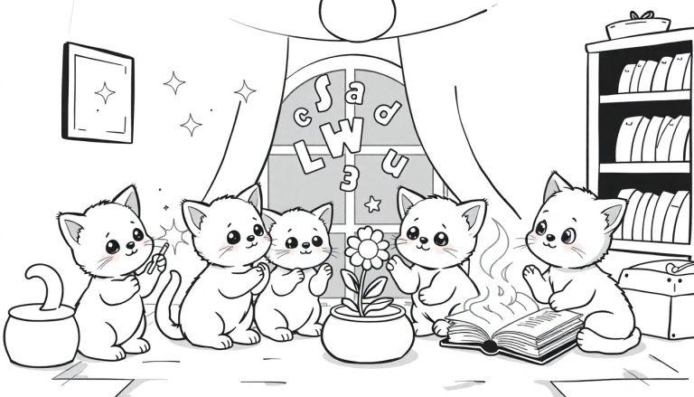 Zwart-wit kleurplaat van vijf kittens die toveren in een gezellige kamer, met een bewolkte lucht op de achtergrond.