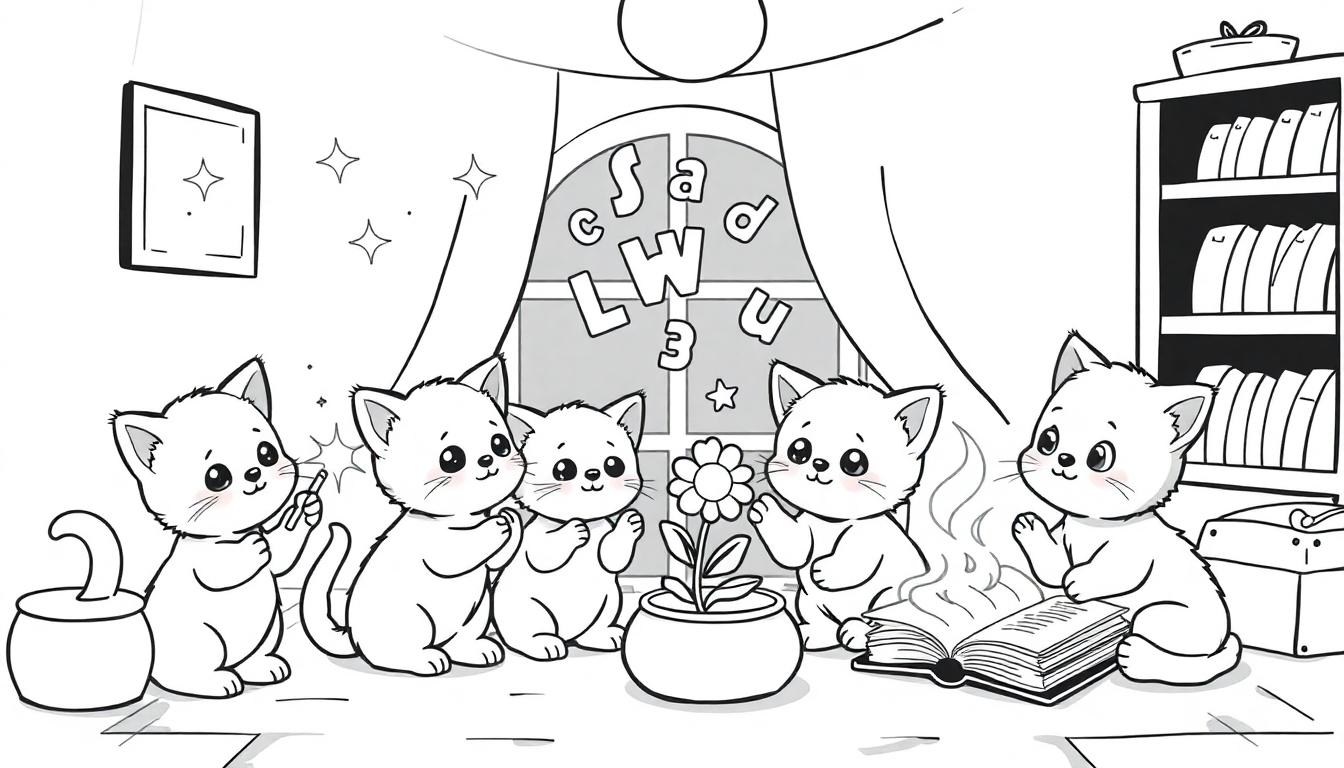 Zwart-wit kleurplaat van vijf kittens die toveren in een gezellige kamer, met een bewolkte lucht op de achtergrond.