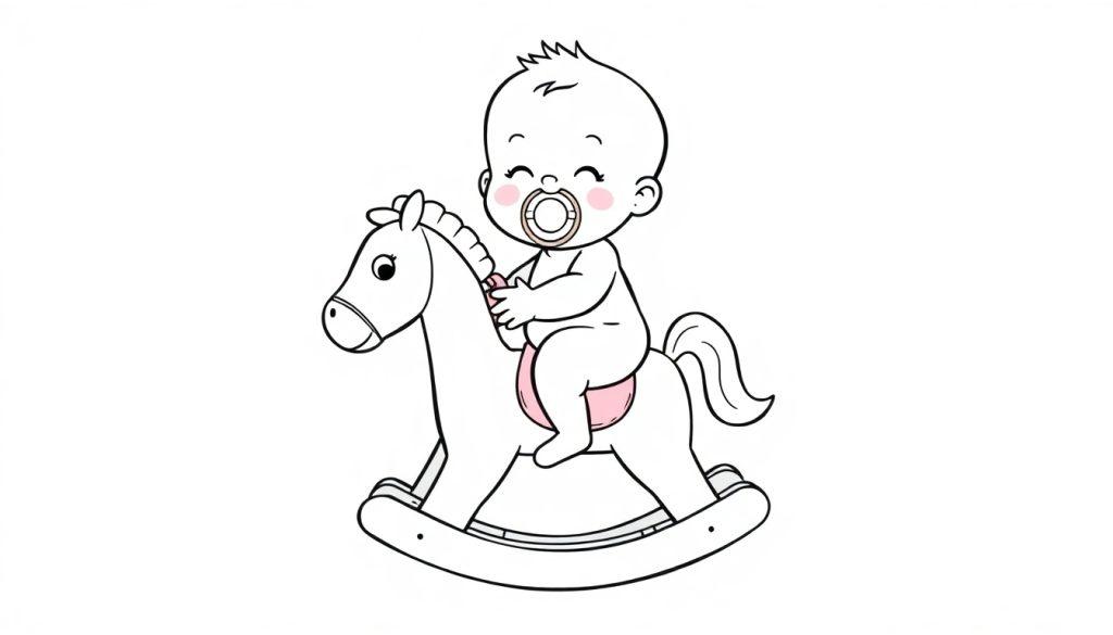 Kleurplaat van een baby met een speen op een schommelpaardje met roze zadel.