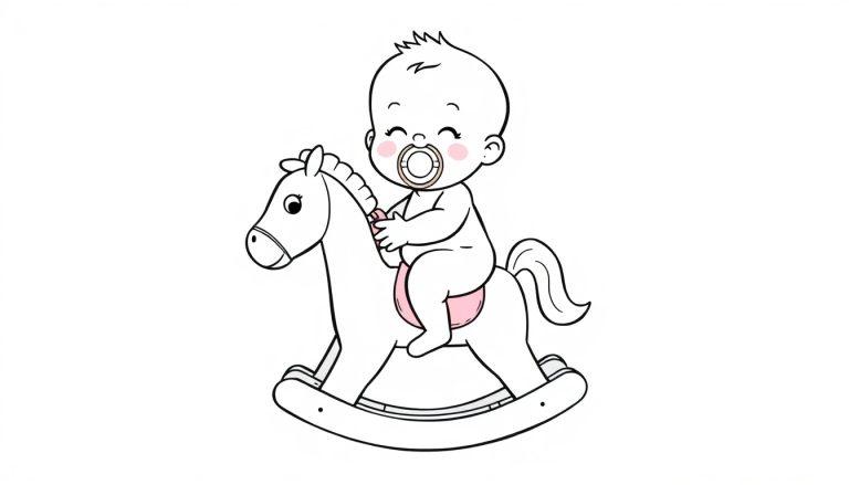 Kleurplaat van een baby met een speen op een schommelpaardje met roze zadel.