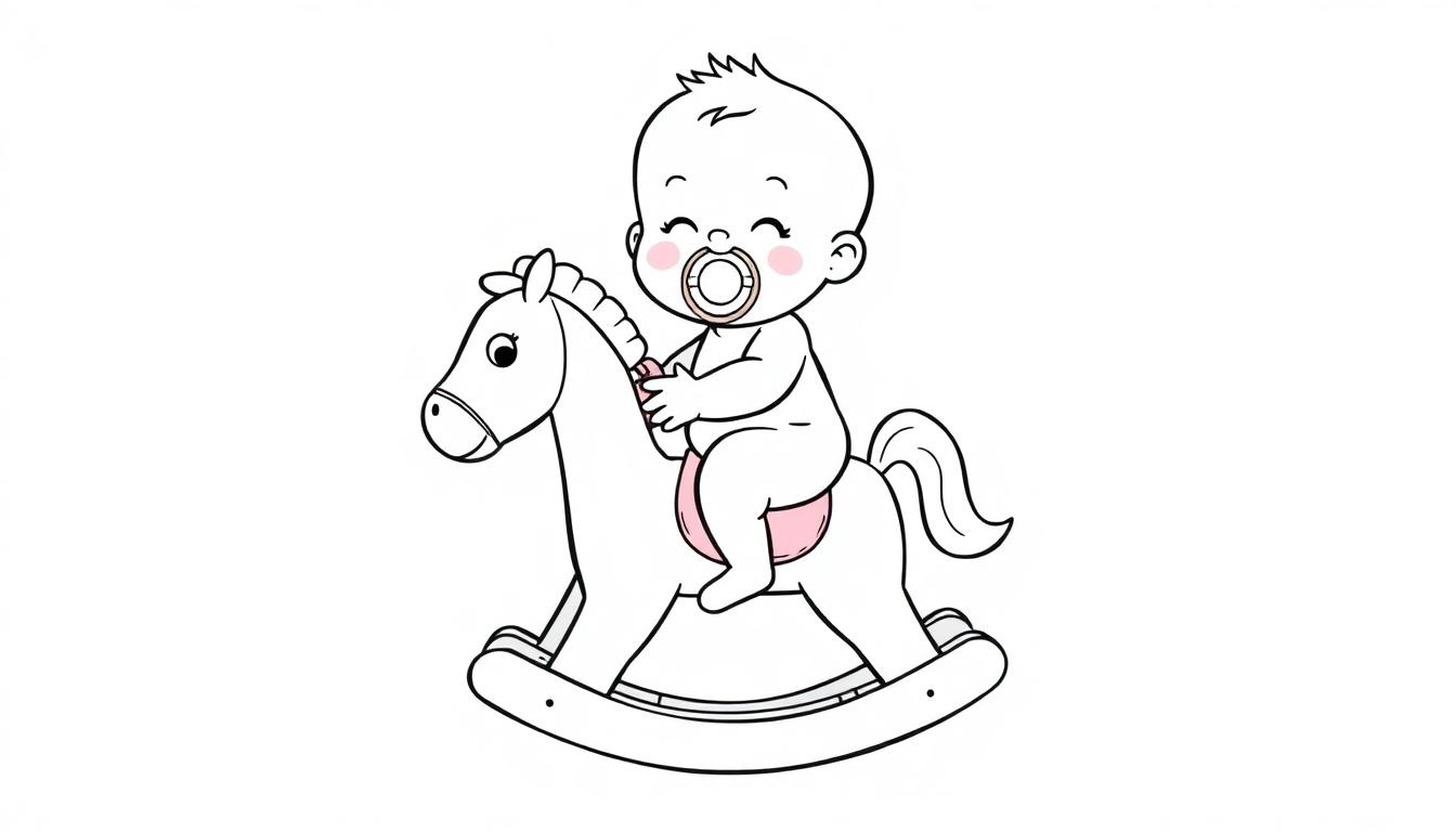 Kleurplaat van een baby met een speen op een schommelpaardje met roze zadel.