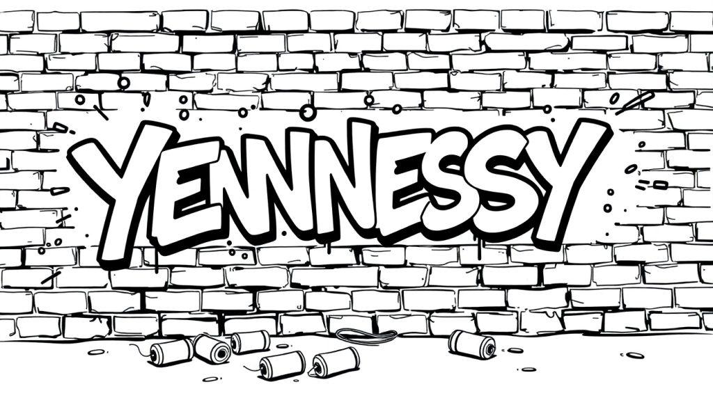 Kleurplaat van "YENNESSY" graffiti op een bakstenen muur met spuitbussen.