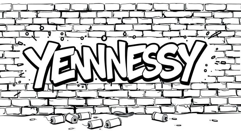 Kleurplaat van "YENNESSY" graffiti op een bakstenen muur met spuitbussen.