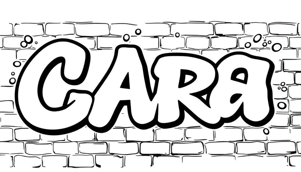 Kleurplaat met de naam CARA in witte graffitiletters op een bakstenen achtergrond.