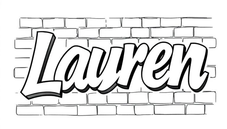 Kleurplaat van 'Lauren' in stoere graffiti letters op een bakstenen muur.