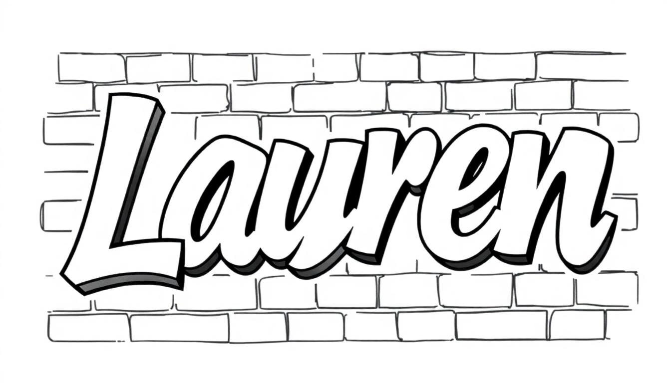 Kleurplaat van 'Lauren' in stoere graffiti letters op een bakstenen muur.