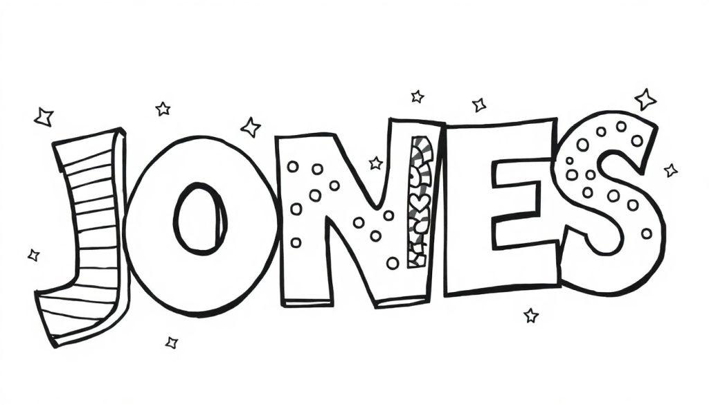 Kleurplaat van graffiti letters met de naam JONES, versierd met sterren.