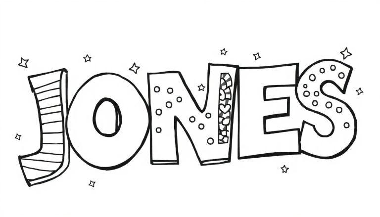 Kleurplaat van graffiti letters met de naam JONES, versierd met sterren.