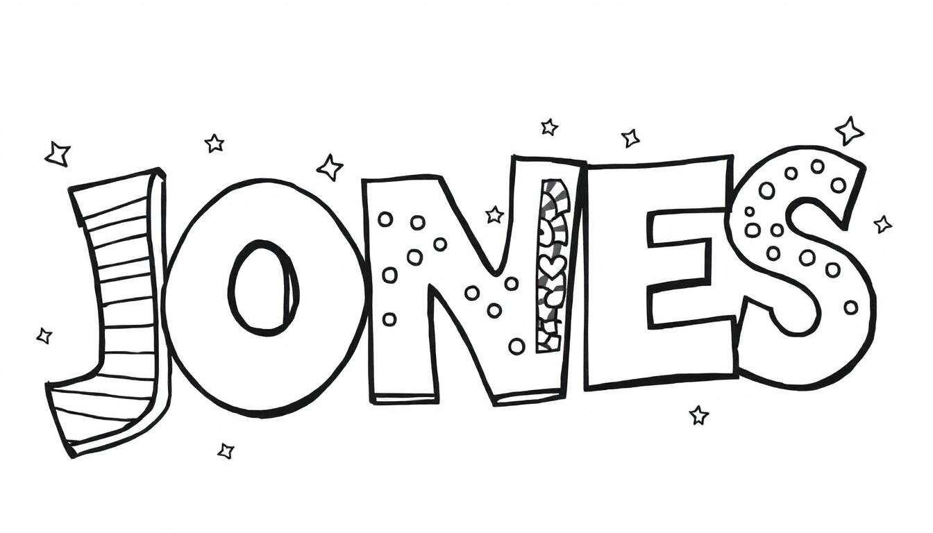 Kleurplaat van graffiti letters met de naam JONES, versierd met sterren.
