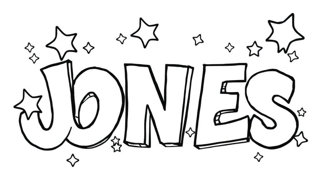 Kleurplaat van de naam JONES in graffiti stijl met sterren.