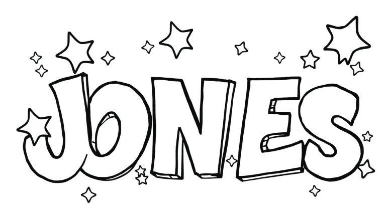Kleurplaat van de naam JONES in graffiti stijl met sterren.