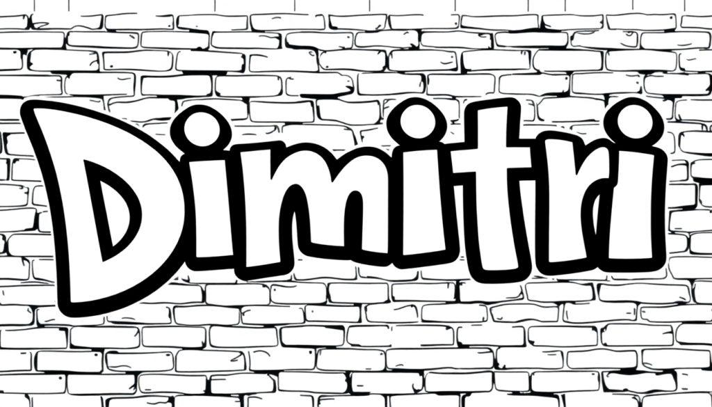 Kleurplaat: graffiti met de naam Dimitri in witte letters met zwarte rand op een bakstenen muur.