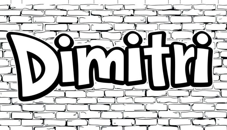 Kleurplaat: graffiti met de naam Dimitri in witte letters met zwarte rand op een bakstenen muur.