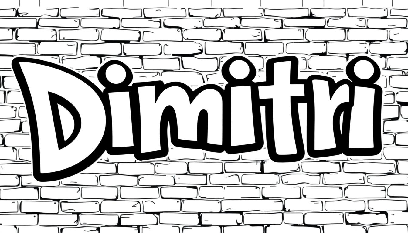 Kleurplaat: graffiti met de naam Dimitri in witte letters met zwarte rand op een bakstenen muur.
