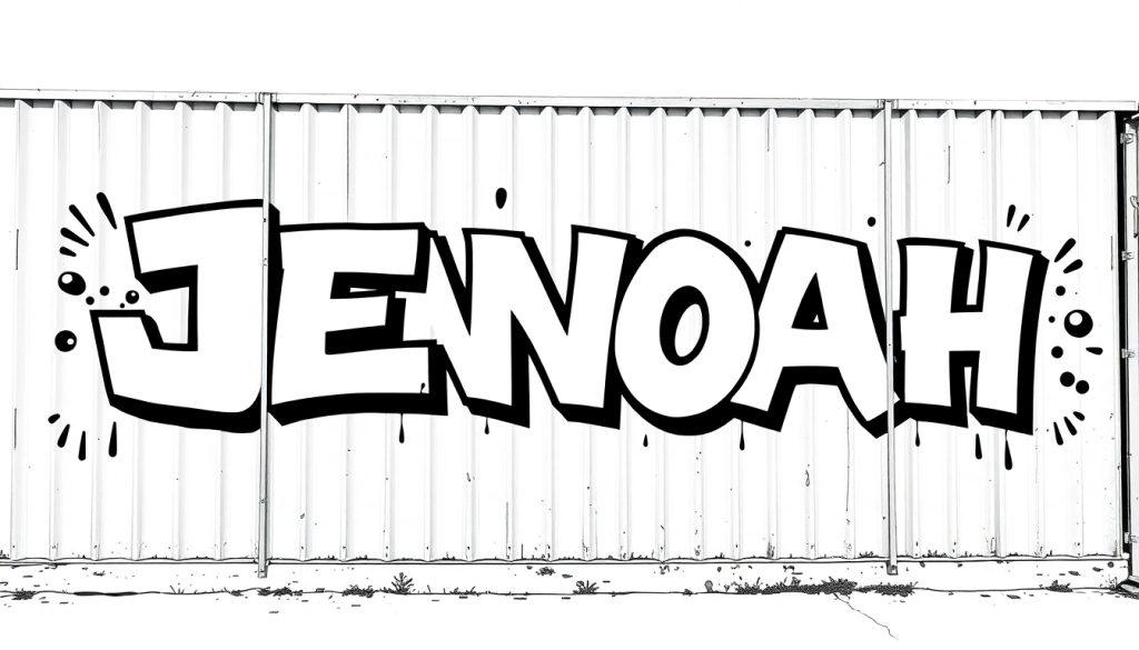 Kleurplaat van de naam JENOAH in graffiti-stijl op een metalen hek.