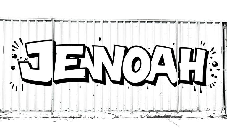 Kleurplaat van de naam JENOAH in graffiti-stijl op een metalen hek.