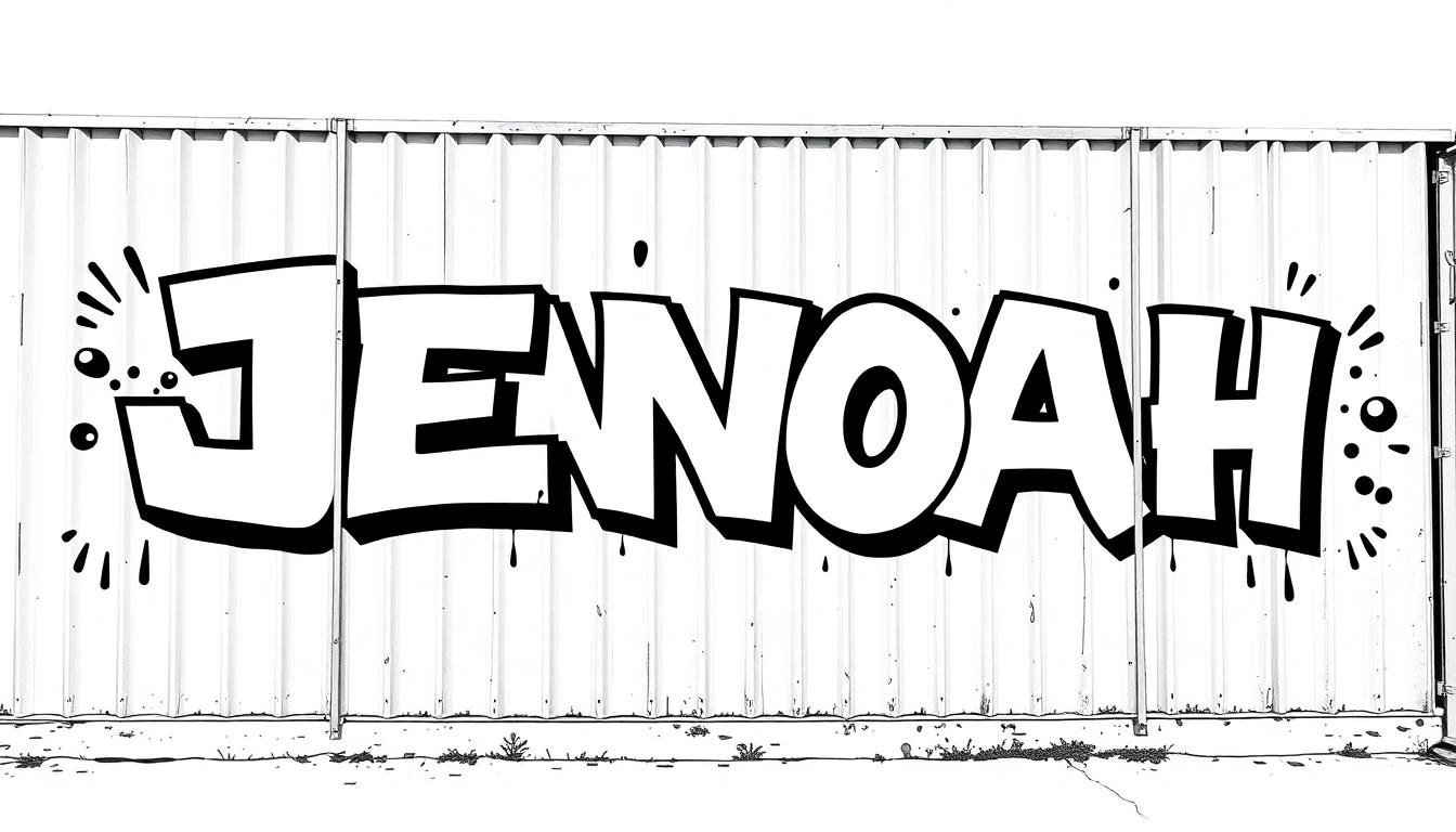 Kleurplaat van de naam JENOAH in graffiti-stijl op een metalen hek.