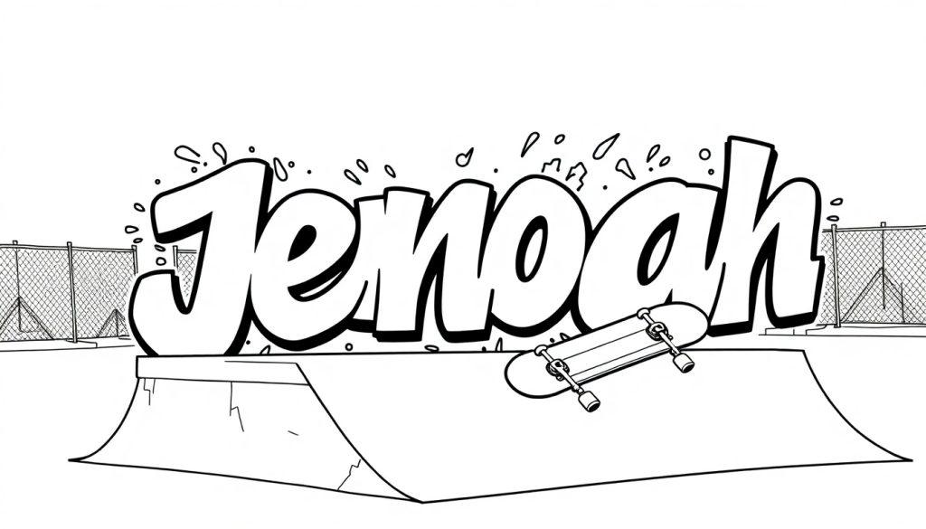 Kleurplaat van een skatepark met de naam Jenoah in graffiti-letters.