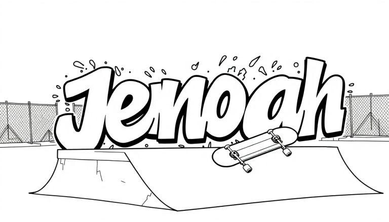 Kleurplaat van een skatepark met de naam Jenoah in graffiti-letters.