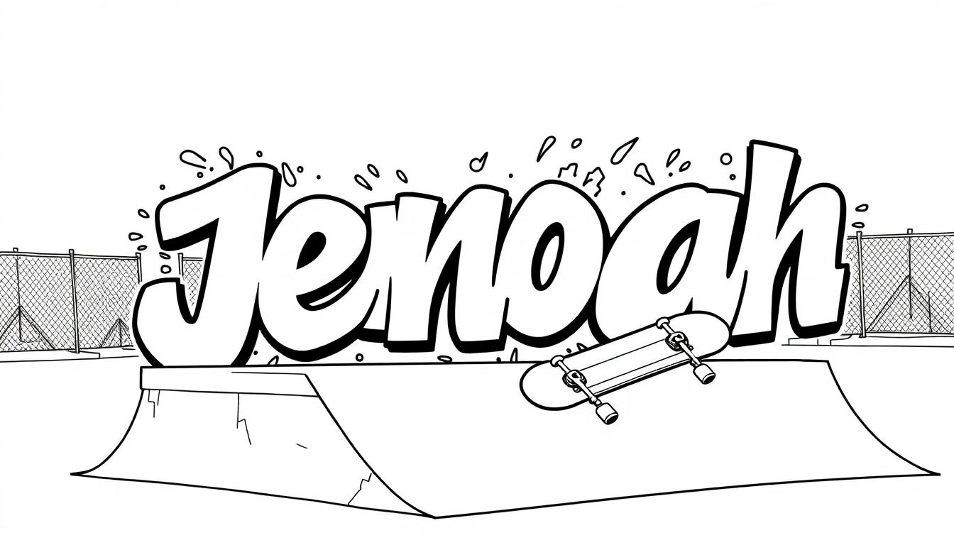 Kleurplaat van een skatepark met de naam Jenoah in graffiti-letters.