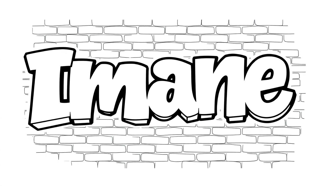 Kleurplaat van graffiti-letters 'Imane' op een stenen muur.