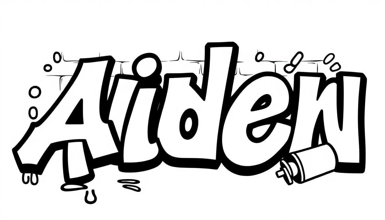 Kleurplaat met de naam Aiden in graffiti-stijl.