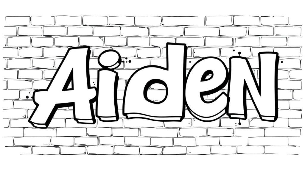 Kleurplaat met het woord Aiden in graffiti-stijl op een stenen muur.