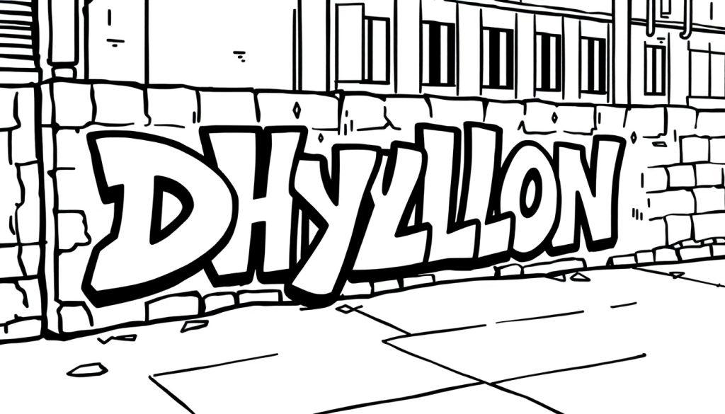 Kleurplaat van de naam Dhyllon in graffiti op een muur.