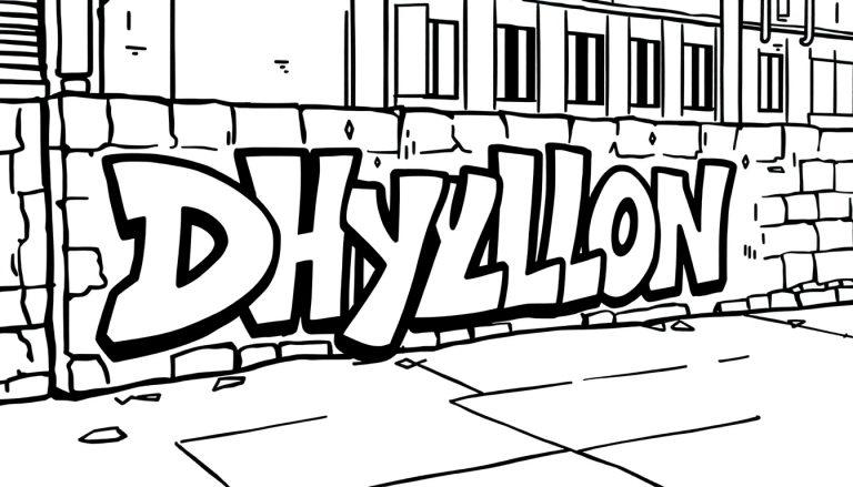 Kleurplaat van de naam Dhyllon in graffiti op een muur.