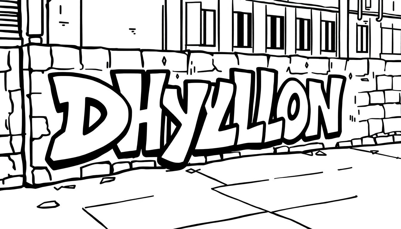 Kleurplaat van de naam Dhyllon in graffiti op een muur.