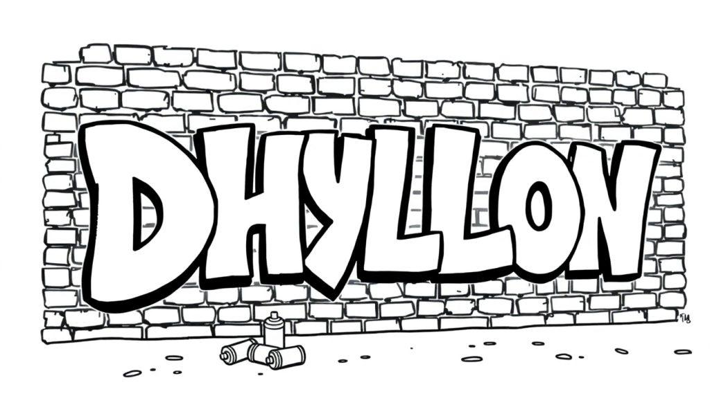 Kleurplaat van graffiti met de naam Dhyllon op een bakstenen muur.