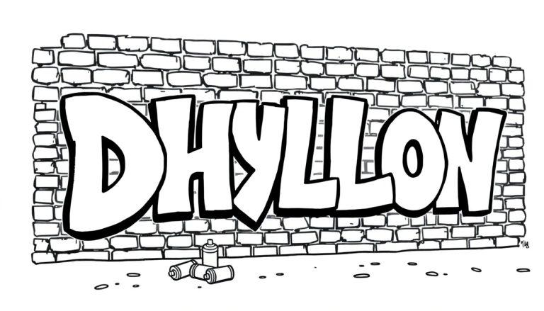 Kleurplaat van graffiti met de naam Dhyllon op een bakstenen muur.