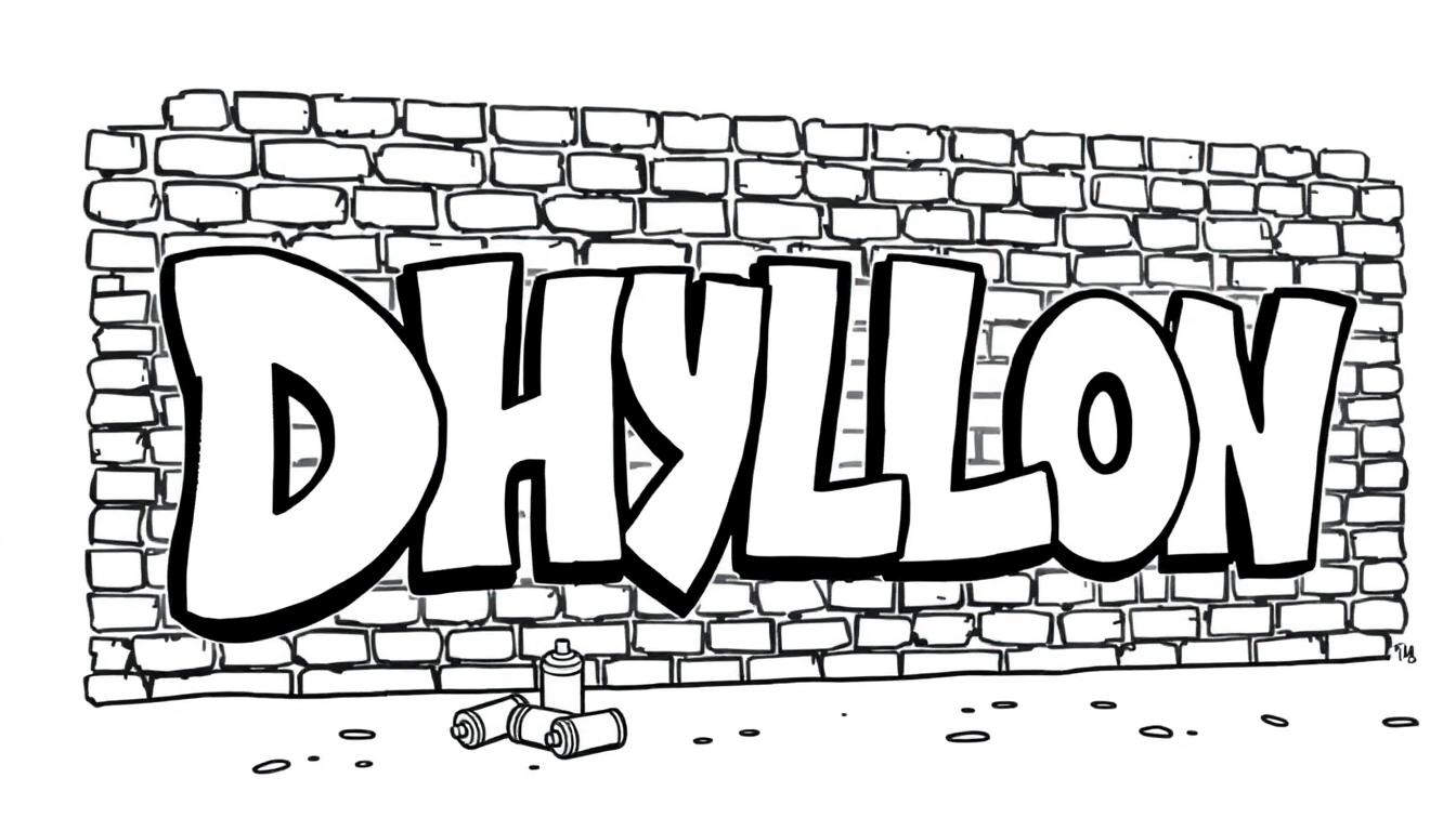 Kleurplaat van graffiti met de naam Dhyllon op een bakstenen muur.