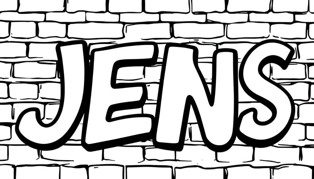 Kleurplaat van het woord 'JENS' in graffiti-stijl op een bakstenen muur.