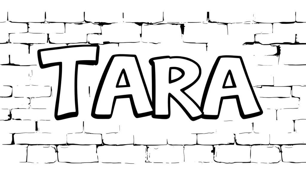 Kleurplaat van graffiti met de naam TARA op een bakstenen muur.