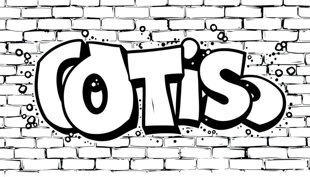 Kleurplaat graffiti met "OTIS" in dikke witte letters met zwarte rand, op een bakstenen muur.