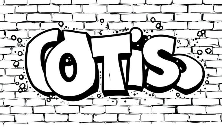 Kleurplaat graffiti met "OTIS" in dikke witte letters met zwarte rand, op een bakstenen muur.