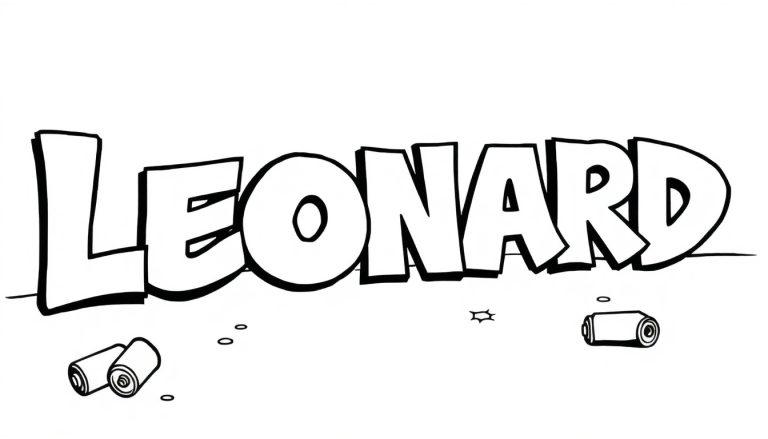Kleurplaat met de naam LEONARD in graffiti-stijl.