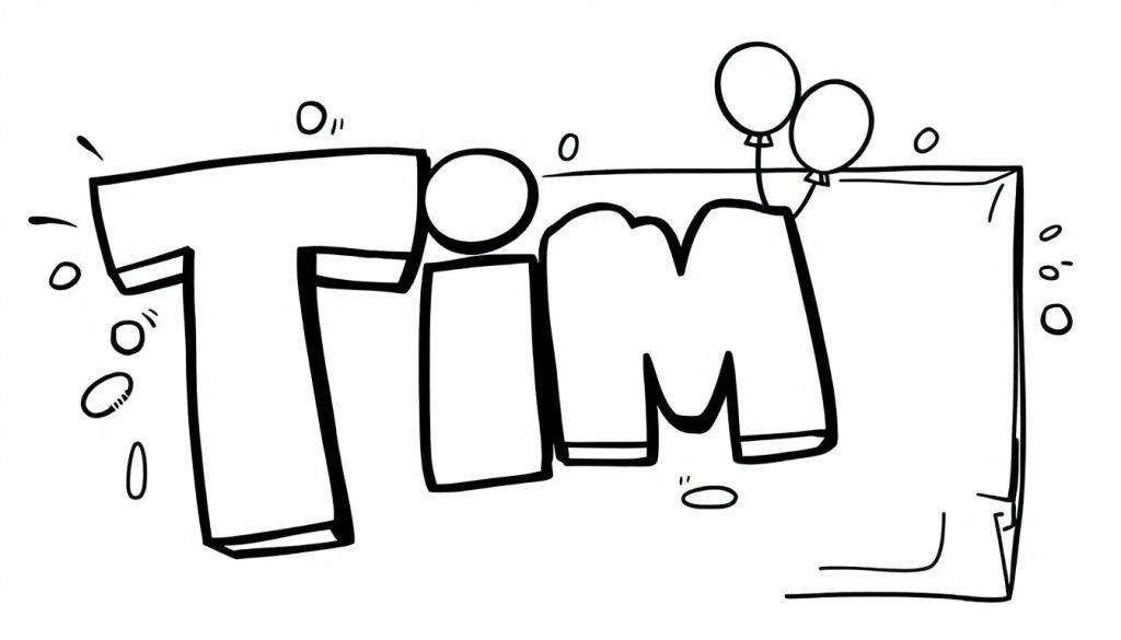 Kleurplaat met de naam Tim in dikke, speelse letters met ballonnen.