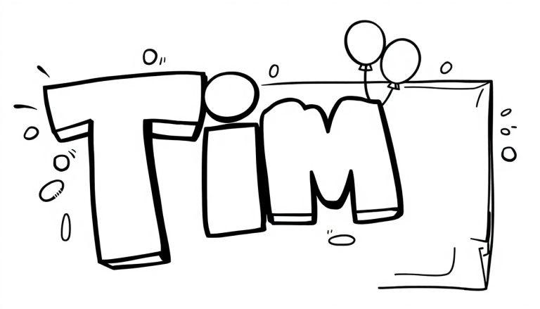 Kleurplaat met de naam Tim in dikke, speelse letters met ballonnen.