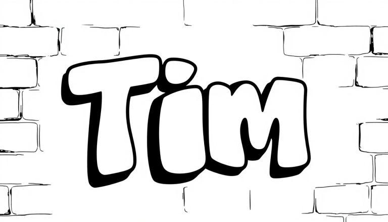 Kleurplaat van de naam Tim in graffiti-stijl op een bakstenen muur.